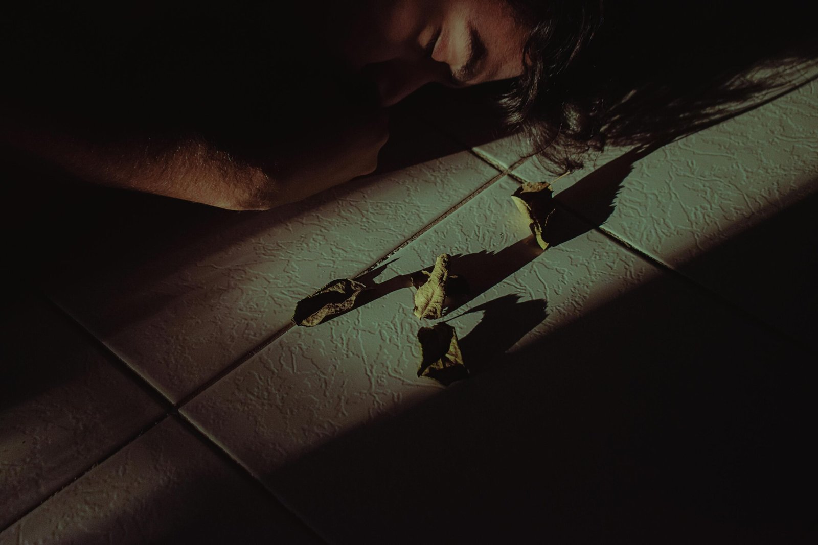 A dramatic shot of a person lying on the floor surrounded by dried leaves, emphasizing shadows and mood.